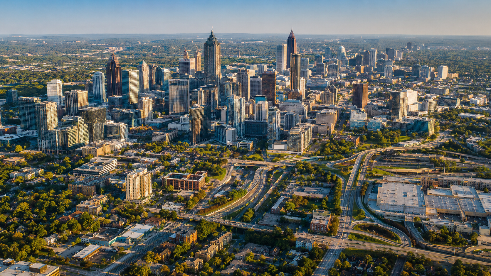 Aerial view of Metro Atlanta Georgia — Peachtree Spine & Sports Physicians serves Sandy Springs Marietta Norcross Decatur Douglasville Fayetteville McDonough Stonecrest and South Atlanta