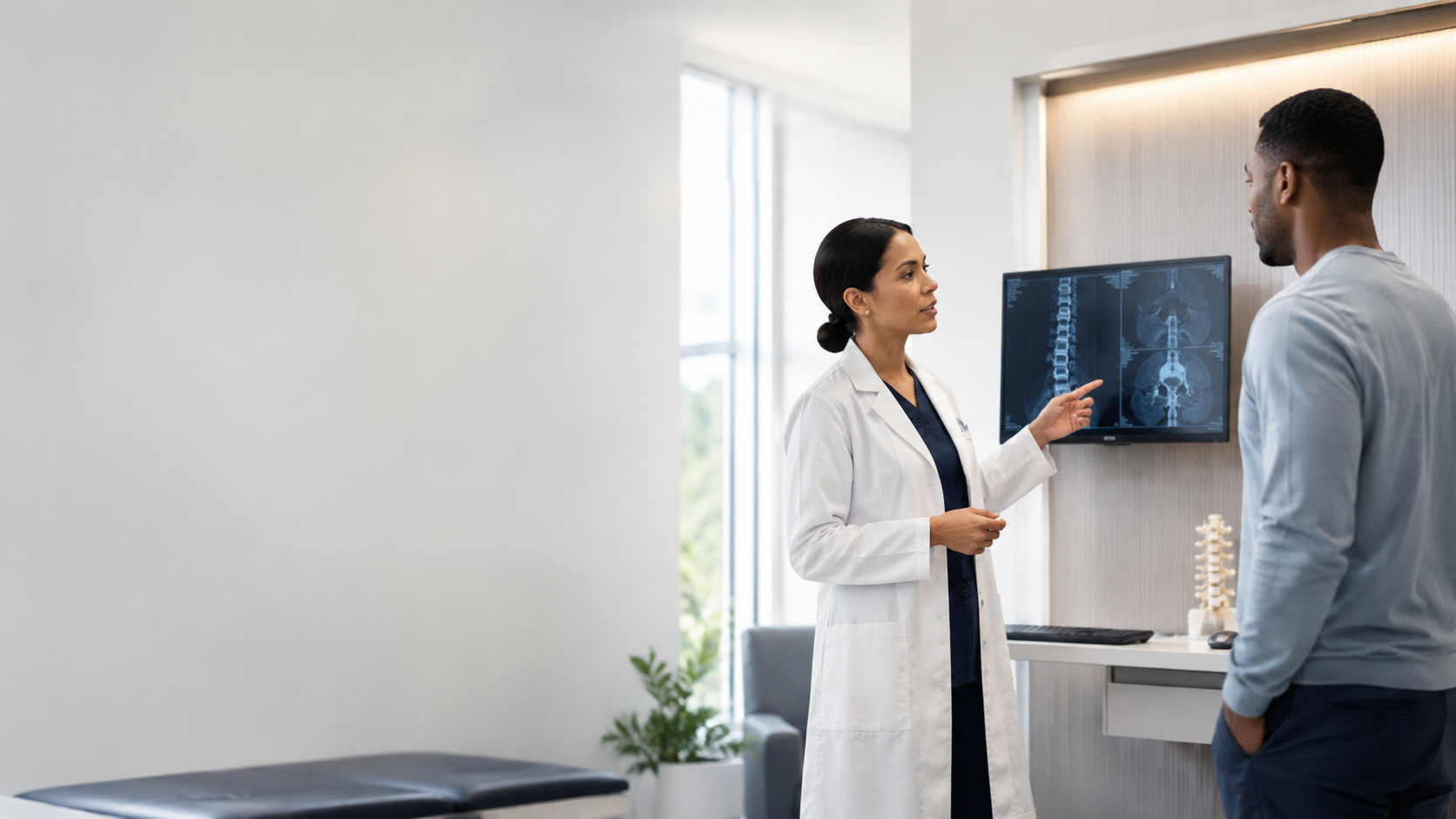 Peachtree Spine board-certified physiatrist explaining spinal scan results to patient in Atlanta clinic