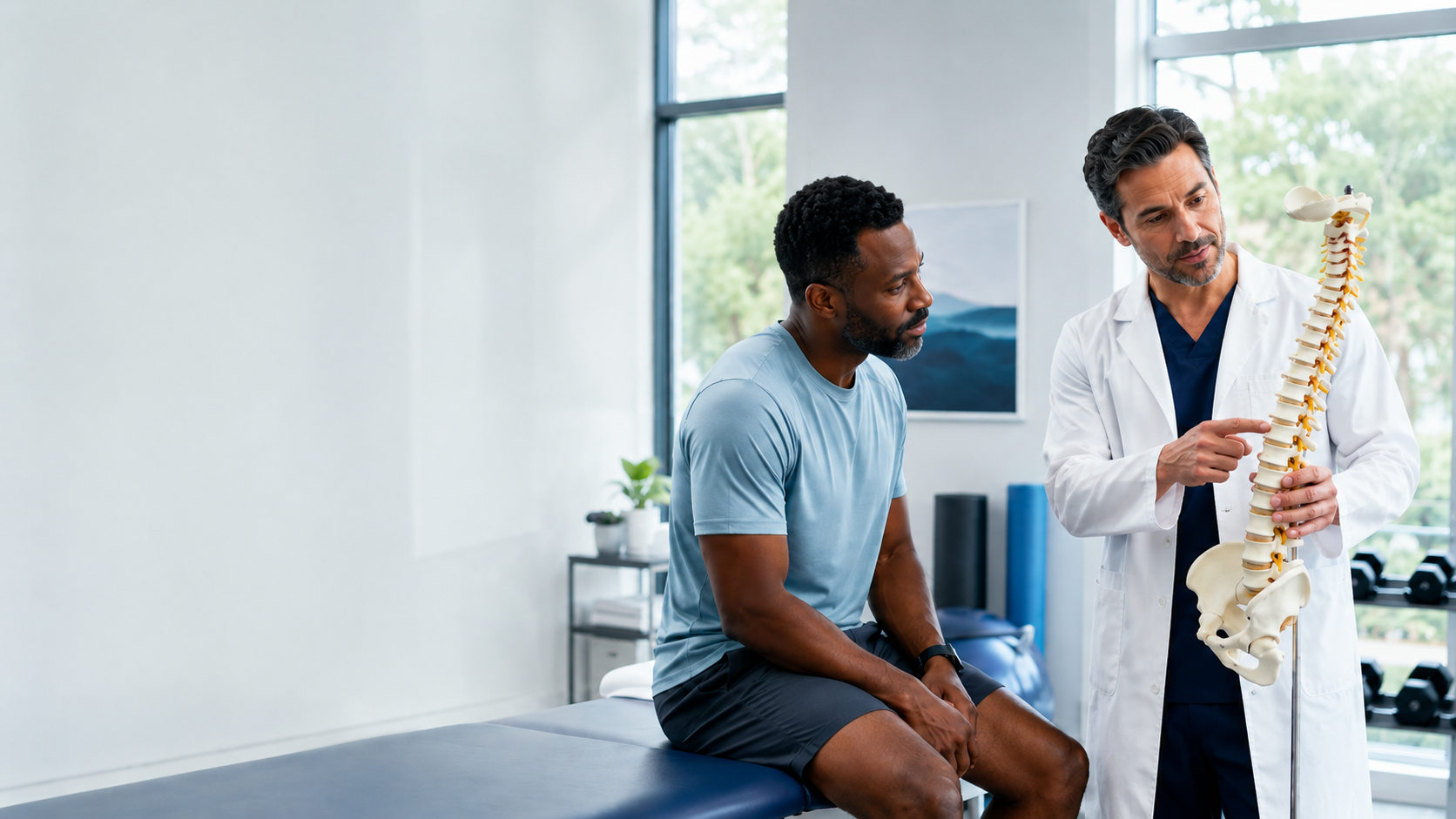 Peachtree Spine & Sports Physicians board-certified physiatrist explaining spine anatomy and non-surgical treatment options to a patient in Atlanta